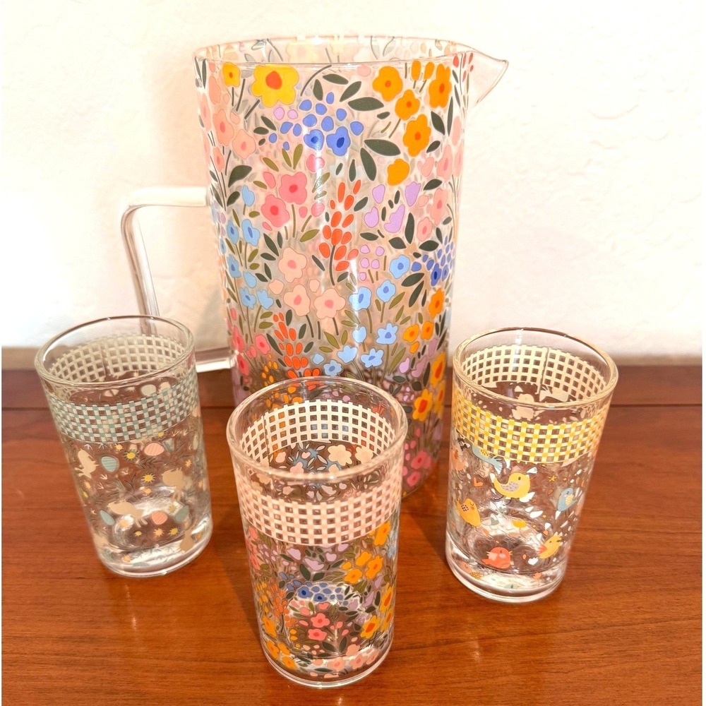 Midwest Gift Floral Clear Glass Pitcher Cup Set Whimsical Birds Flowers Cottage